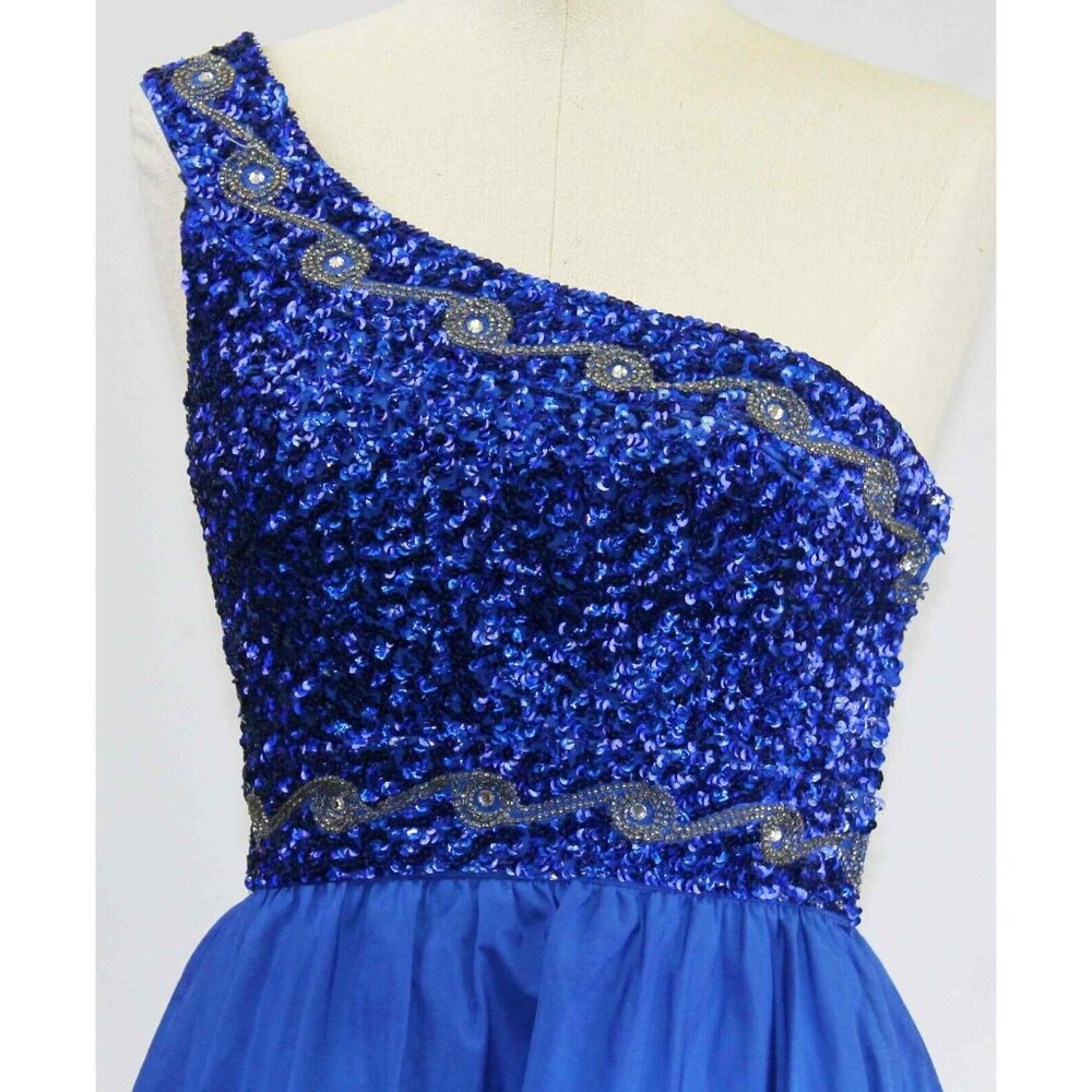 Vtg 80s Mike Benet Sapphire Blue Formal Dress Sequined Beaded Asymmetrical Off